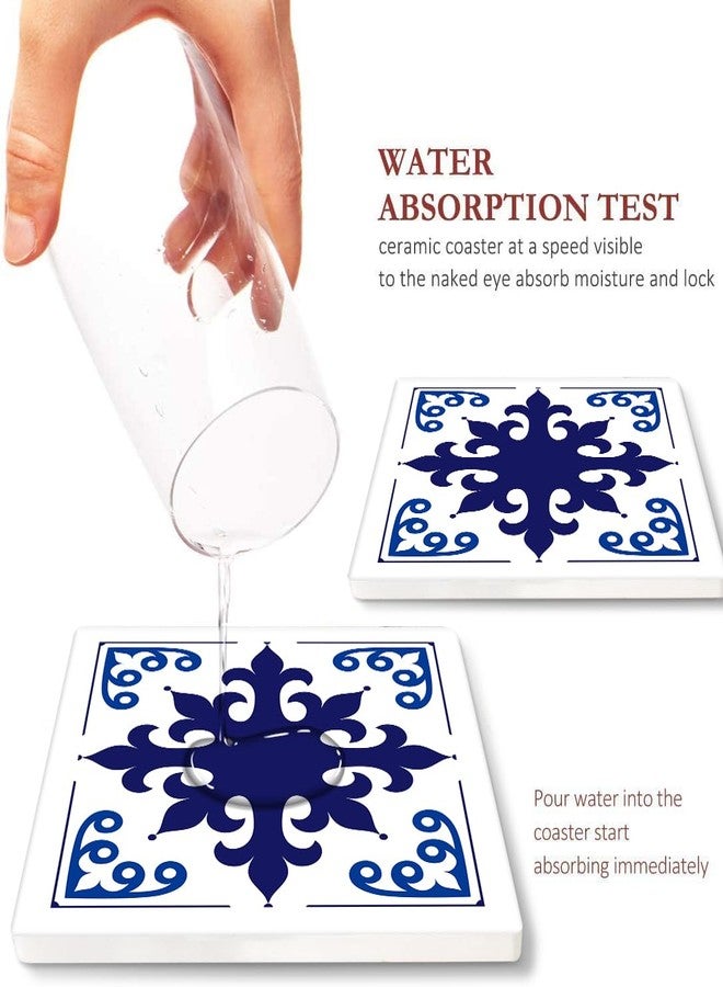 Bribay Coasters for Drinks Set of 6, Navy Blue Ceramic Tiles Geometric Pattern Absorbent Square Ceramic Stone Mat, with Cork Base and Metal Holder, Gift for Housewarming Room Bar Decor - Image 3